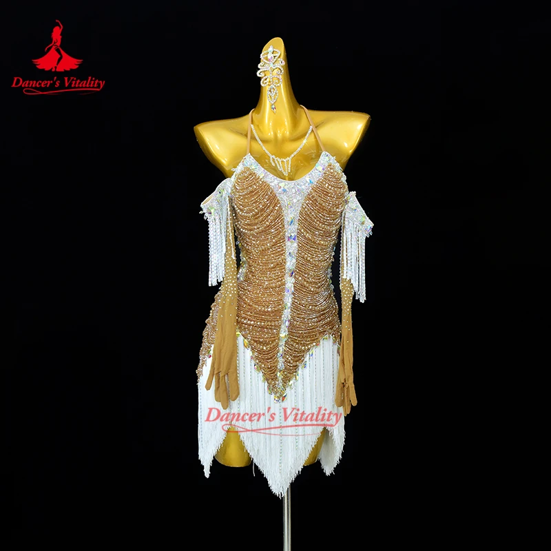 Vestido Profesional Bicolor para Baile Latino para Mujer Adulta, Personalizado para Adolescentes, con Borlas, para Chachachá, Jive y Samba, que realza la vitalidad de la bailarina