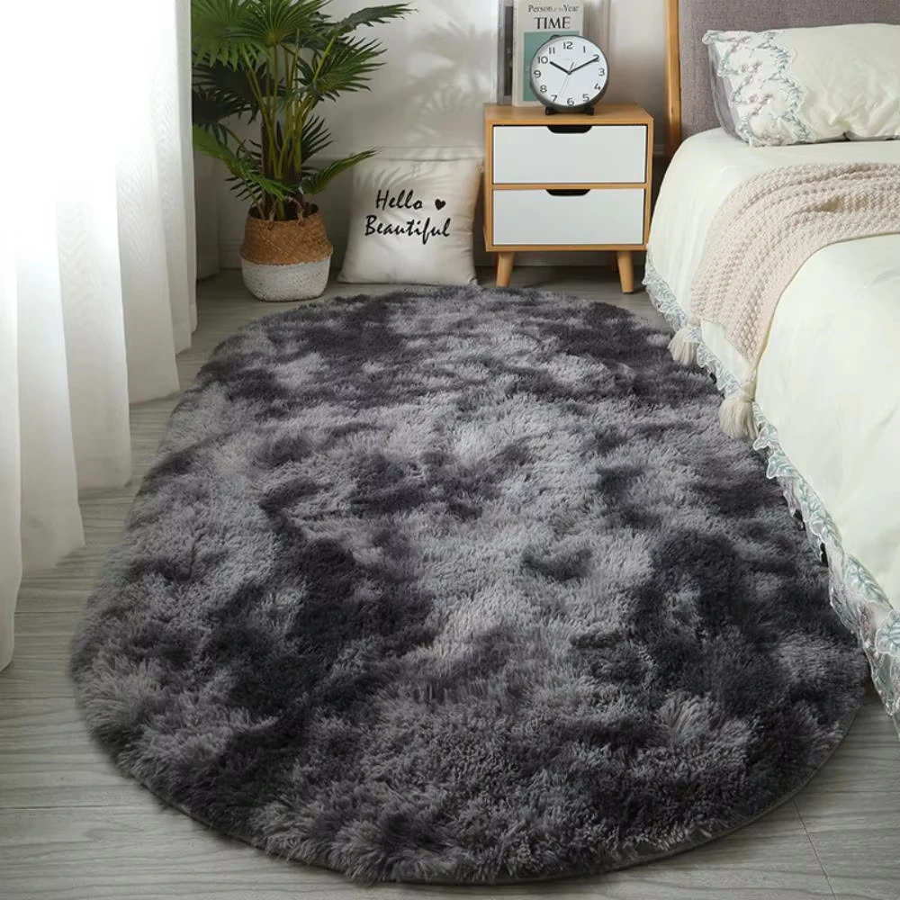 VIKAMA Simple Solid Color Living Room Elliptical Woolen Carpet Tie-Dye Long-haired Bedroom Side Rug Coat Room Carpet Home Decor