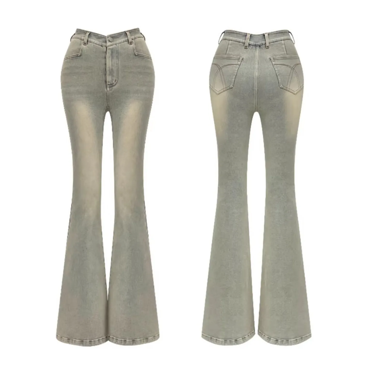 

Модные удобные джинсы с V-образным поясом, женские трендовые расклешенные джинсы, повседневные брюки с высокой эластичностью, длинные джинсы с естественной линией талии из денима