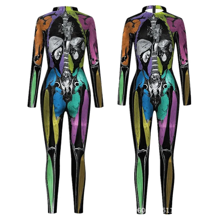 Skelett-Knochen-Blumen-Schädel 3D-Druck Anzug für Damen und Herren, Muskel-Menschenkörper-Jumpsuit, Halloween-Party-Cosplay-Kostüme – Detail 16