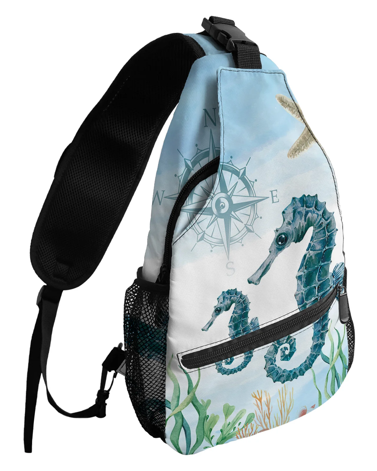 Marine Animal Hippocampus Seaweed Compass Chest Bags for Women Men Waterproof Shoulder Bag Outdoor Travel Sport Crossbody Bag