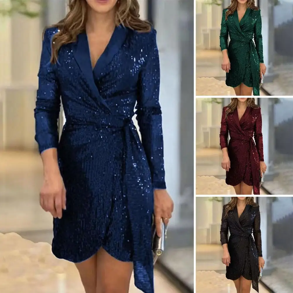 

Sequin Dress Shiny Sequin V Neck Party Dress with Lace Up Wrap Slim Fit Waist Women's Long Sleeve Mini Dress for Prom Commute