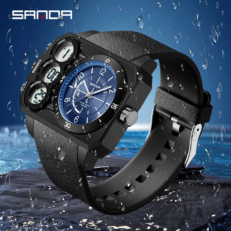 SANDA 6237 Big Dial Multi functional Waterproof Night Light Alarm Clock Sports Outdoor Silicone Strap Watch Men's montres hommes image 3