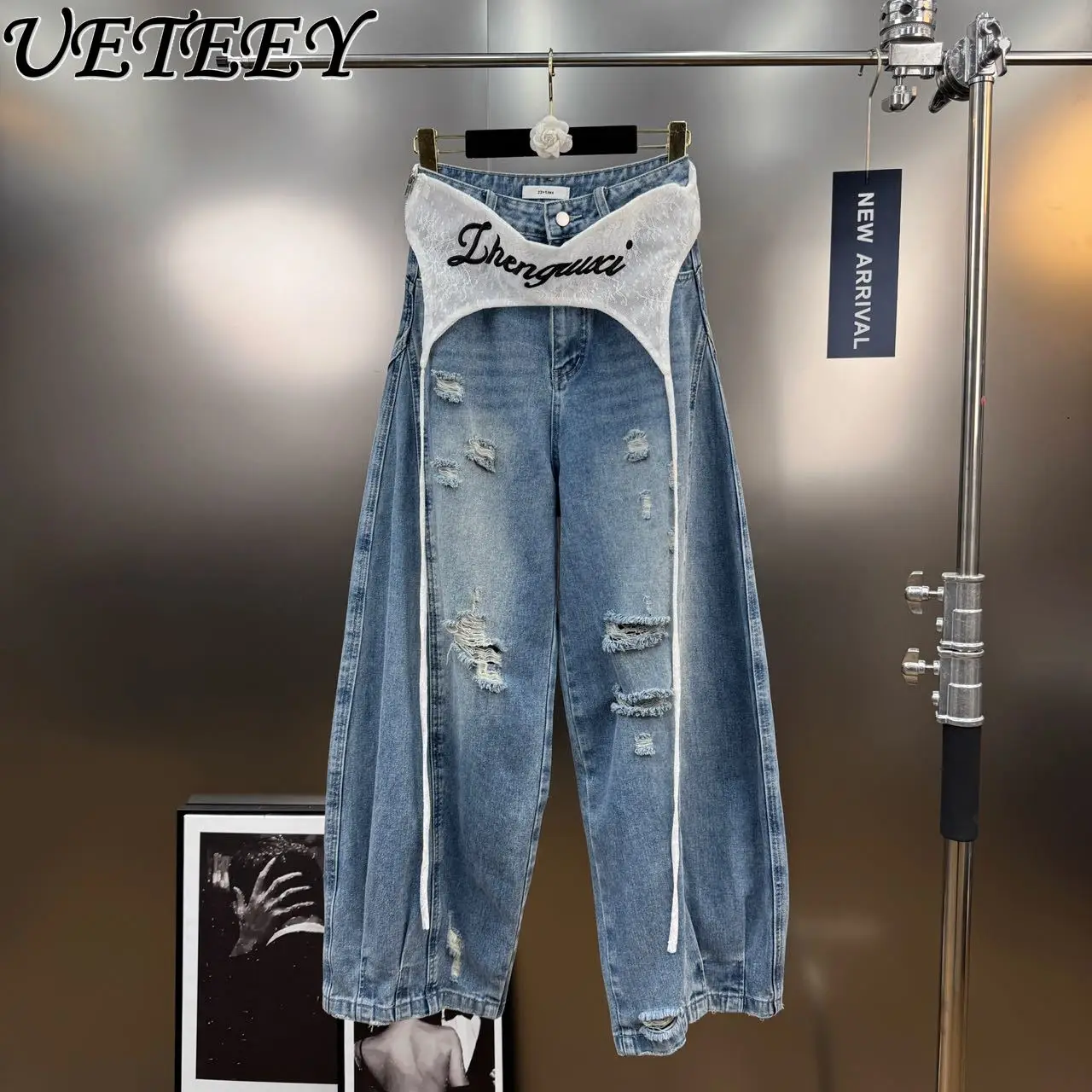 

Women Jeans Spring Summer 2025 Retro Lace Waist Seal Splicing Fake Two-piece Baggy Pants Niche Design Ripped Pants Lady Trousers