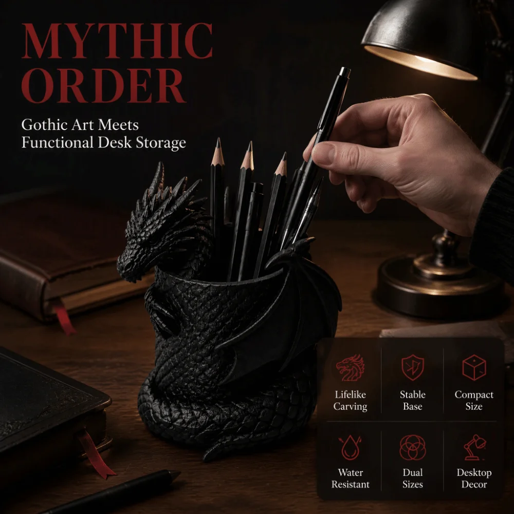 3D Printed Dragon Pen Holder Statue Realistic Gothic Black Makeup Brush Box Plastic Dark Style Desk Organizer Halloween Ornament