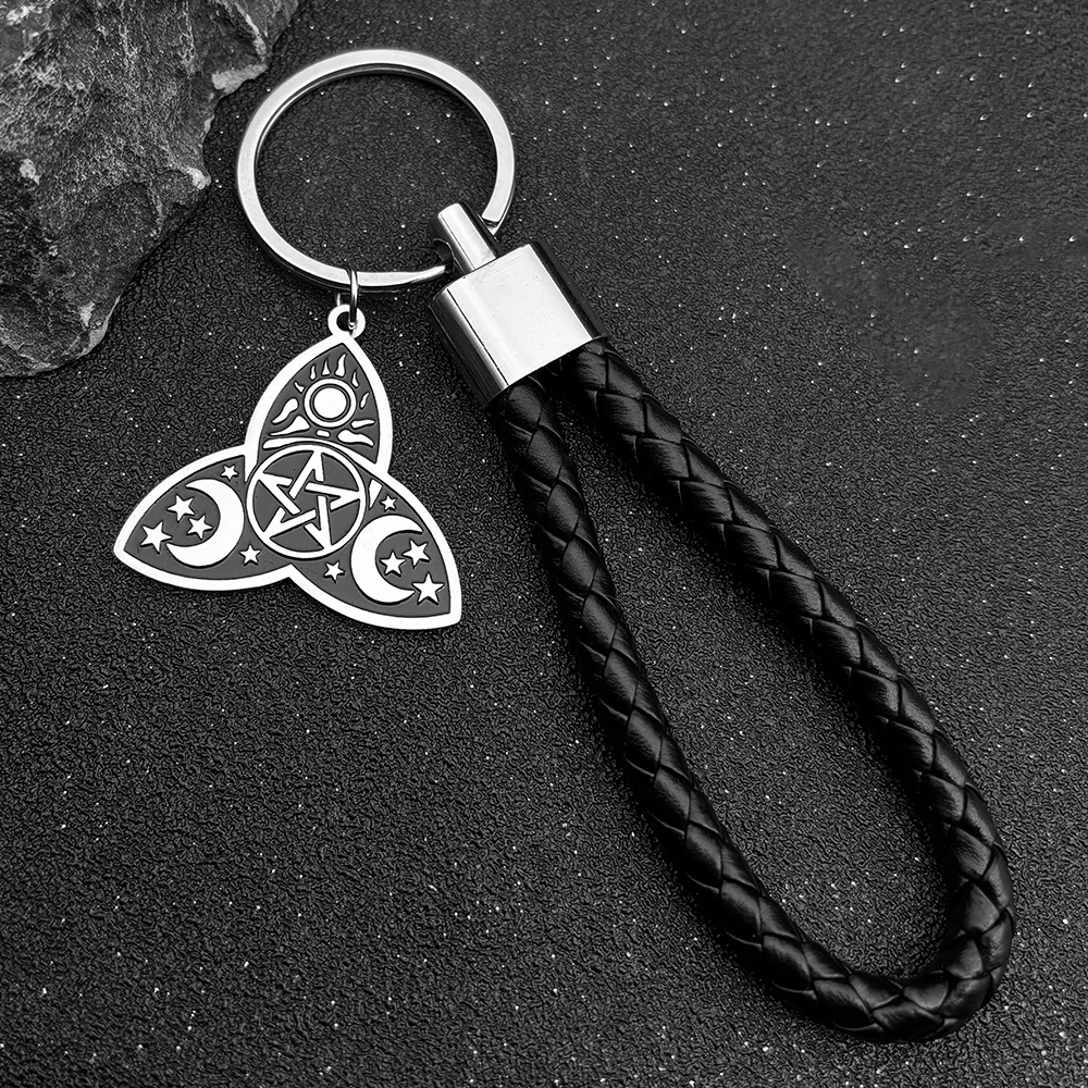 Wicca Sun Triple Moon Goddess Stainless Steel Keyring For Women Men Divination Hecate Altar Witch Keychain Jewellery