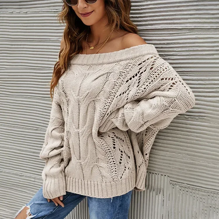 Slash Neck Loose Sweater Kintted Women Crochet Pullovers Streetwear Spring Autumn Winter Sweet Jumper Y2k Top Jumper Streetwear