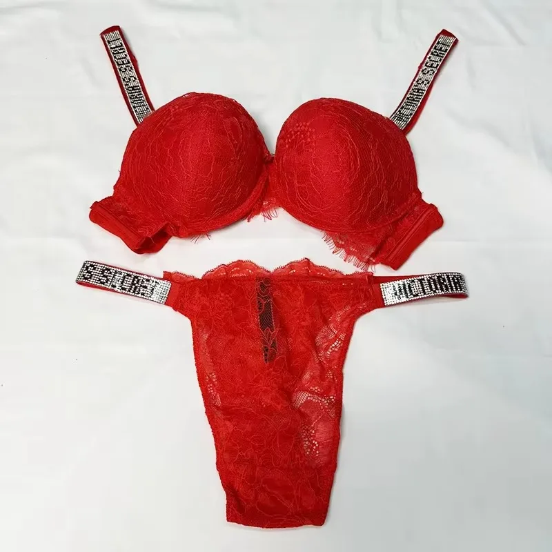 Nieuwe Victoria's Secret sexy bh- en slipset voor dames, comfortabele push-up shapewear, verstelbare gevoerde, gerimpelde kanten lingerie set