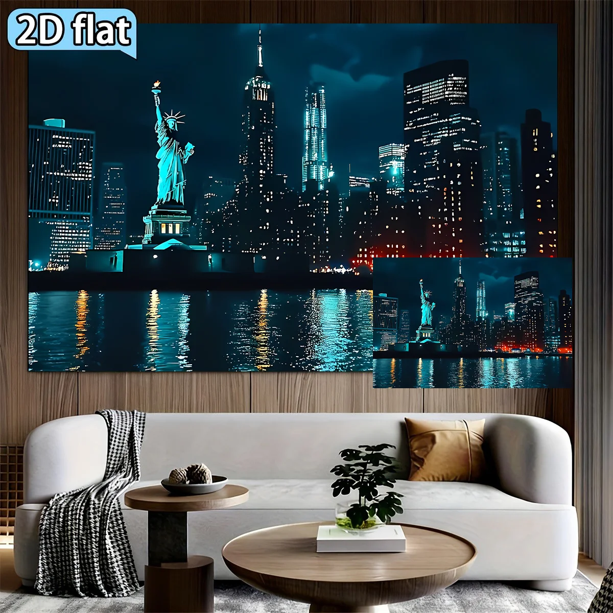 Vibrant Night Skyline of New York City with Statue of Liberty Over Water Mural Wallpaper for Living Room Decor