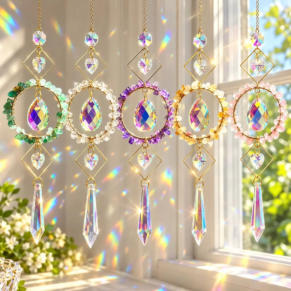 Natural Gemstone Ring Crystal Suncatcher, Rainbow Light Prism Hanging Ornament, Tassel Pendant for Window Home Decoration Gift