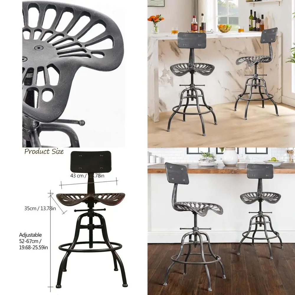 

Vintage-Style Silver Metal Adjustable Bar Stool with Tractor Saddle Seat