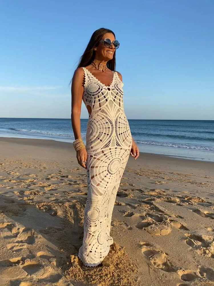 White Knitted Hollow V-neck Long Dress Sexy Sleeveless Backless Robes Longues Female Summer Skinny Elegant Party Beachwear