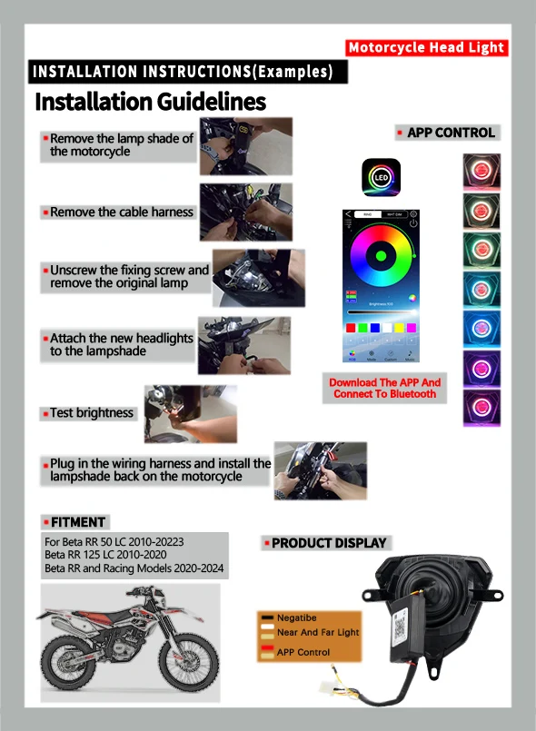 Universal Motorcycle Decorative Light LED Halo Bluetooth Control Waterproof Light Strip For Beta V6 Dirt Bike Modification Parts