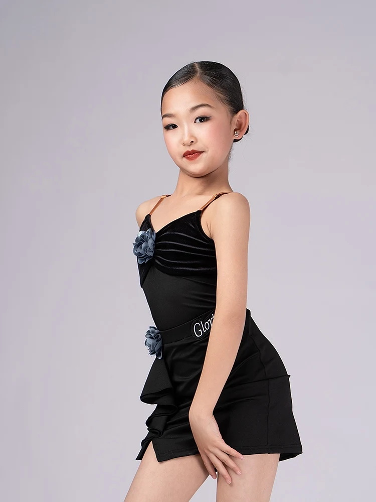 Girls Velvet Latin Dance Dress Black/Brown ChaCha Dance Competition Costume Children Summer Practice Suit Bodysuit Skirt VDB8179