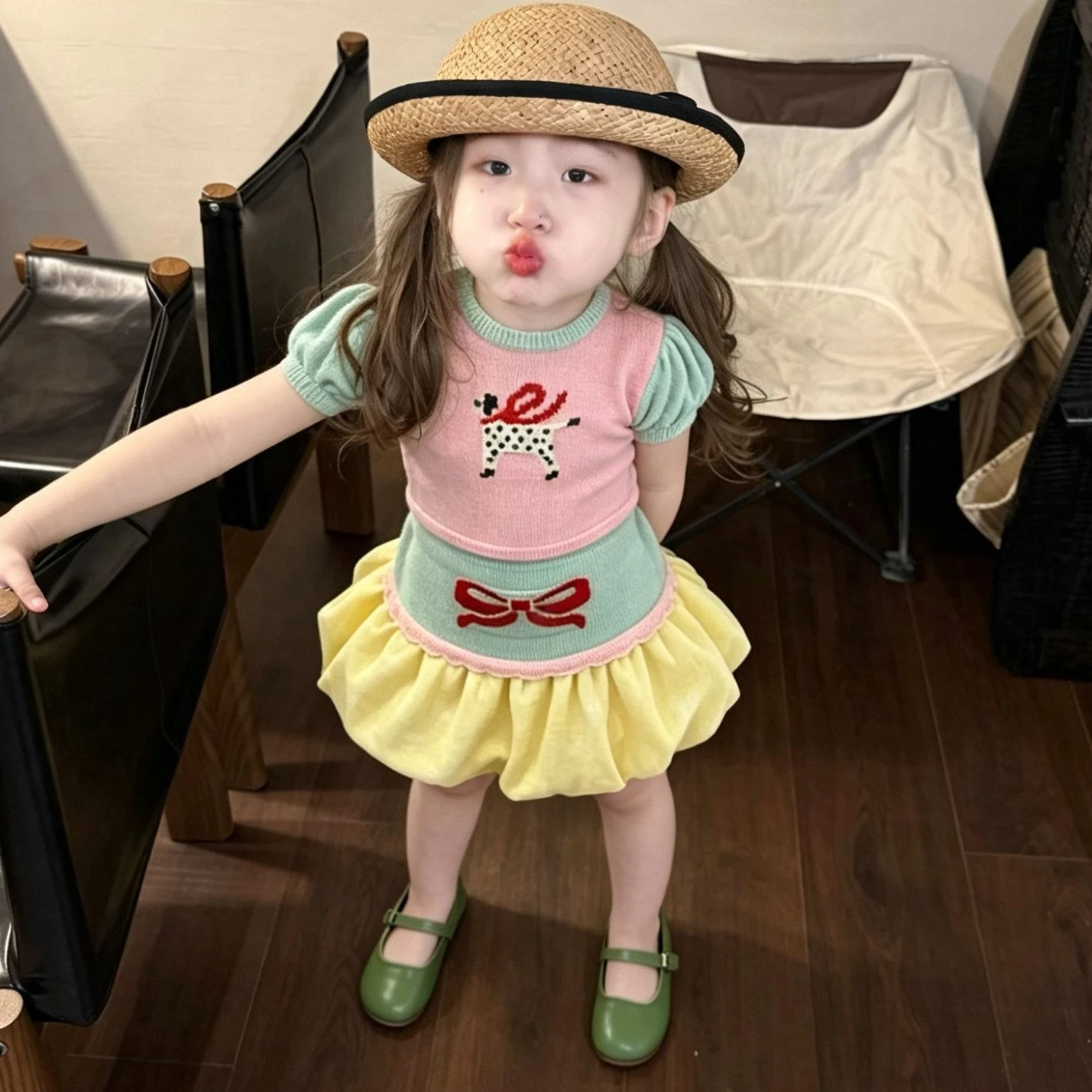 Girls Suit 2026 Spring and Summer New Childrens Wear Korean Girl Baby Matching Color Knitted Puppy T-shirt Skirt Two Pieces