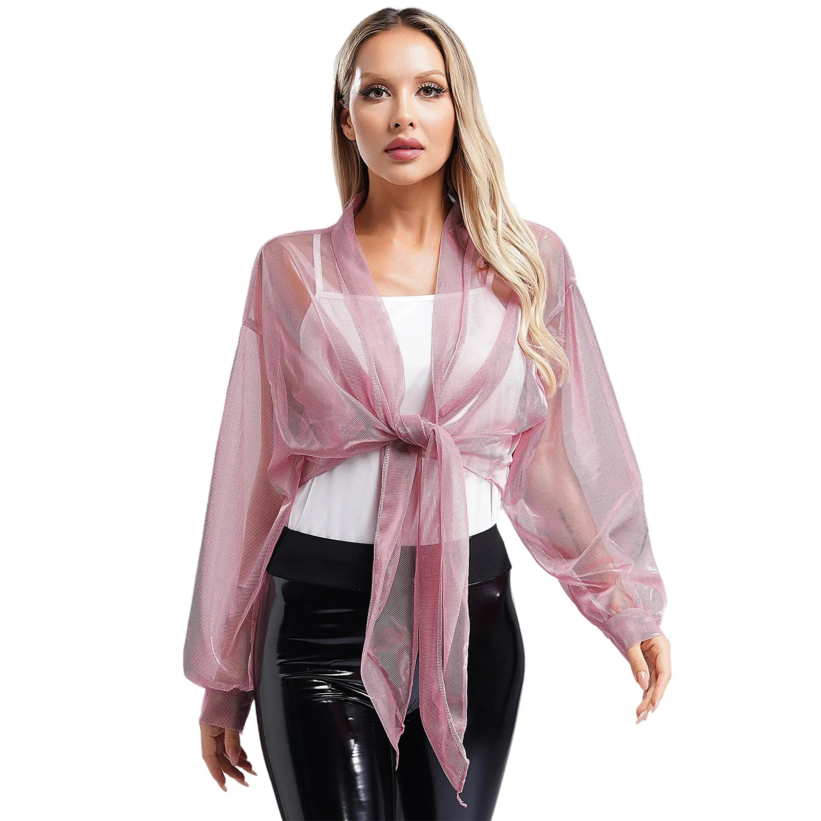 Women's Bolero Shrug Jacket Shimmering Long Sleeve Open Front Lace-up Cardigan See-Through Evening Shawl Wraps Casual Outerwear