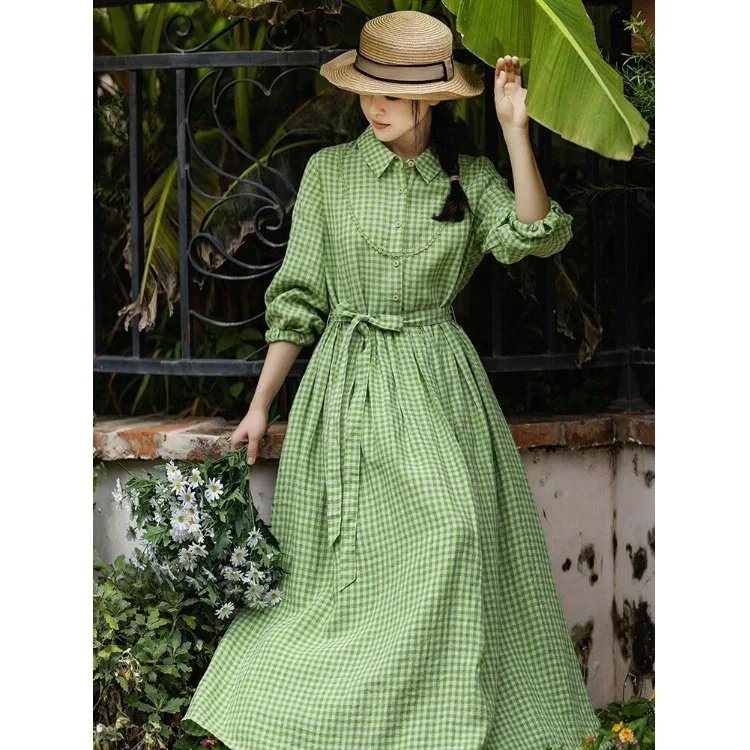 Długa lniana spódnica damska na jesień i zimę, w kratę, długa spódnica, uniwersalna spódnica w kształcie litery A, elegancka.