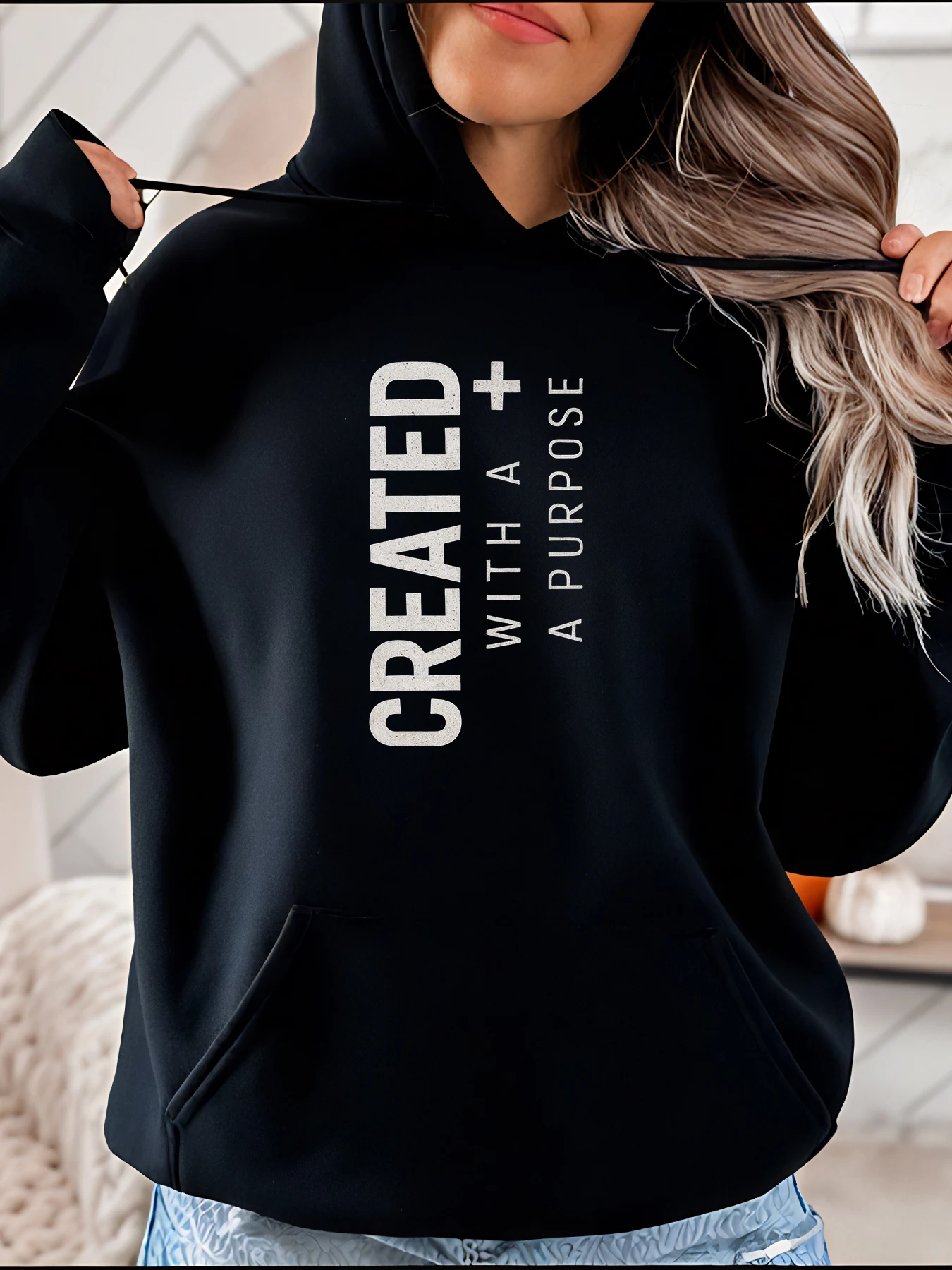 

【Halloween】Created With A Purpose Print Hoodie Casual Loose Fit Women's Sweatshirt, Ins Style, Everyday Wear