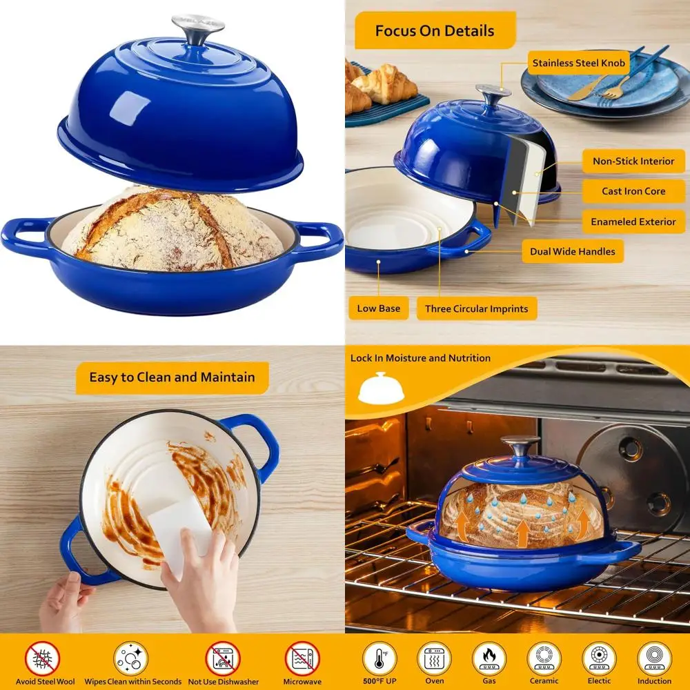 Horno holandés de hierro fundido esmaltado redondo azul de 5 cuartos para pan, asado y estofado a masa fermentada