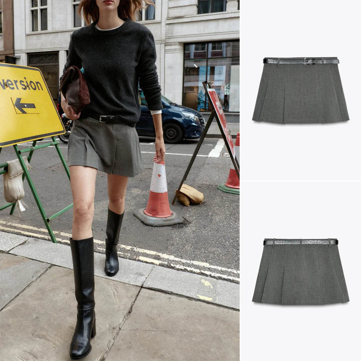 

New Autumn Women's Commuter Sle Metal Bule Waist Belt A-Line Pleated Plaid Skirt Pants Ladies Ci Commuting Casual Polye...