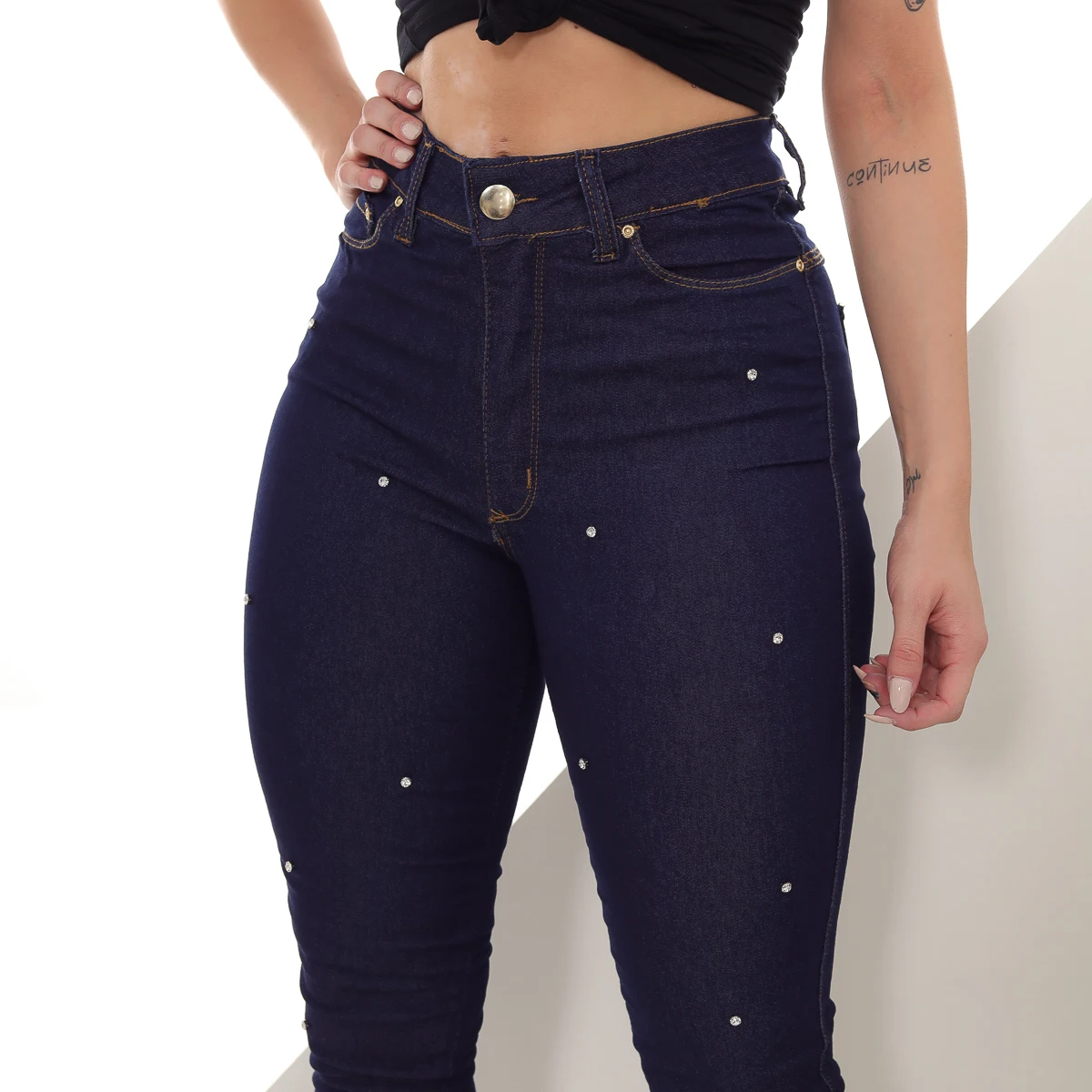 Women's Skinny Dark Jeans Pants with Rhinestones