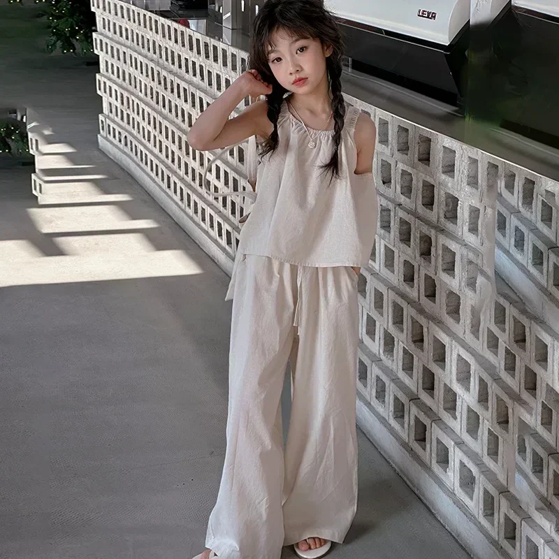 

New Children's Sleeveless Halter Top + Wide Leg Pants Two Piece Sets Teen Clothing Suit Sweet Kids Outfits Girls Clothes Summer