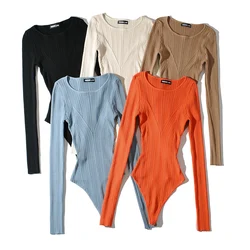Summer outfits for women 2024 knitted bodysuit black one pieces long sleeve top knit button up orange bodysuit bodycon o neck