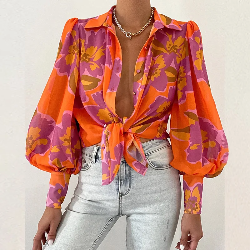2024 Summer Sexy Women's Puff Sleeve Lapel Long Sleeve Top Printed Shirt Blouse Women