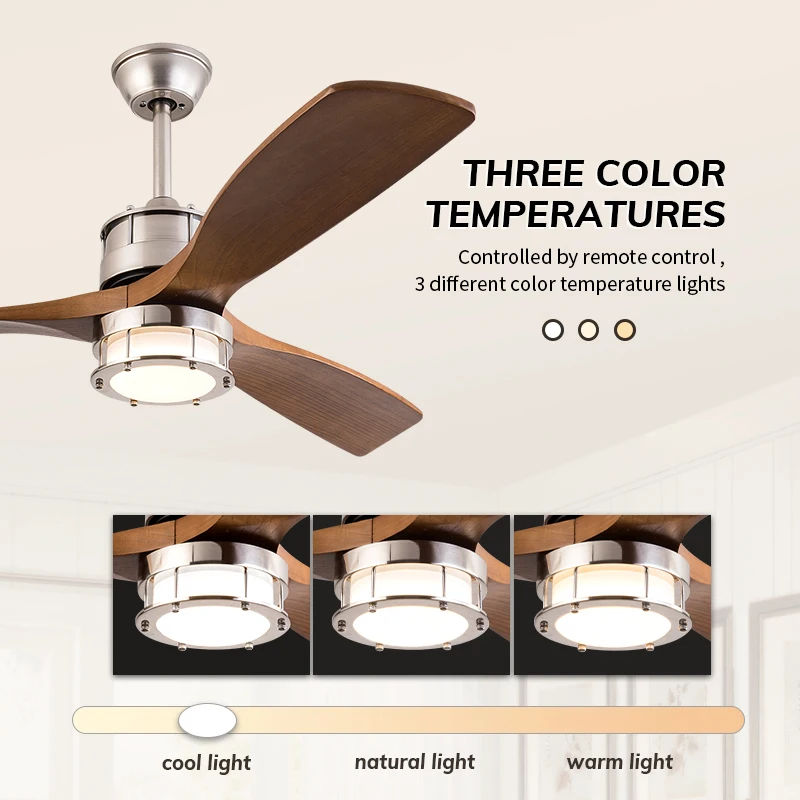 Modern Solid Wood Ceiling Fan with Light Quiet Reversible DC Motor 3 Color LED Light Indoor Ceiling Fan for Living Room Patio