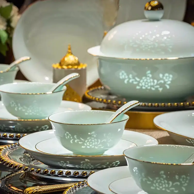 Jingdezhen Linglong celadon tableware set high-end light luxury ceramic dishes household