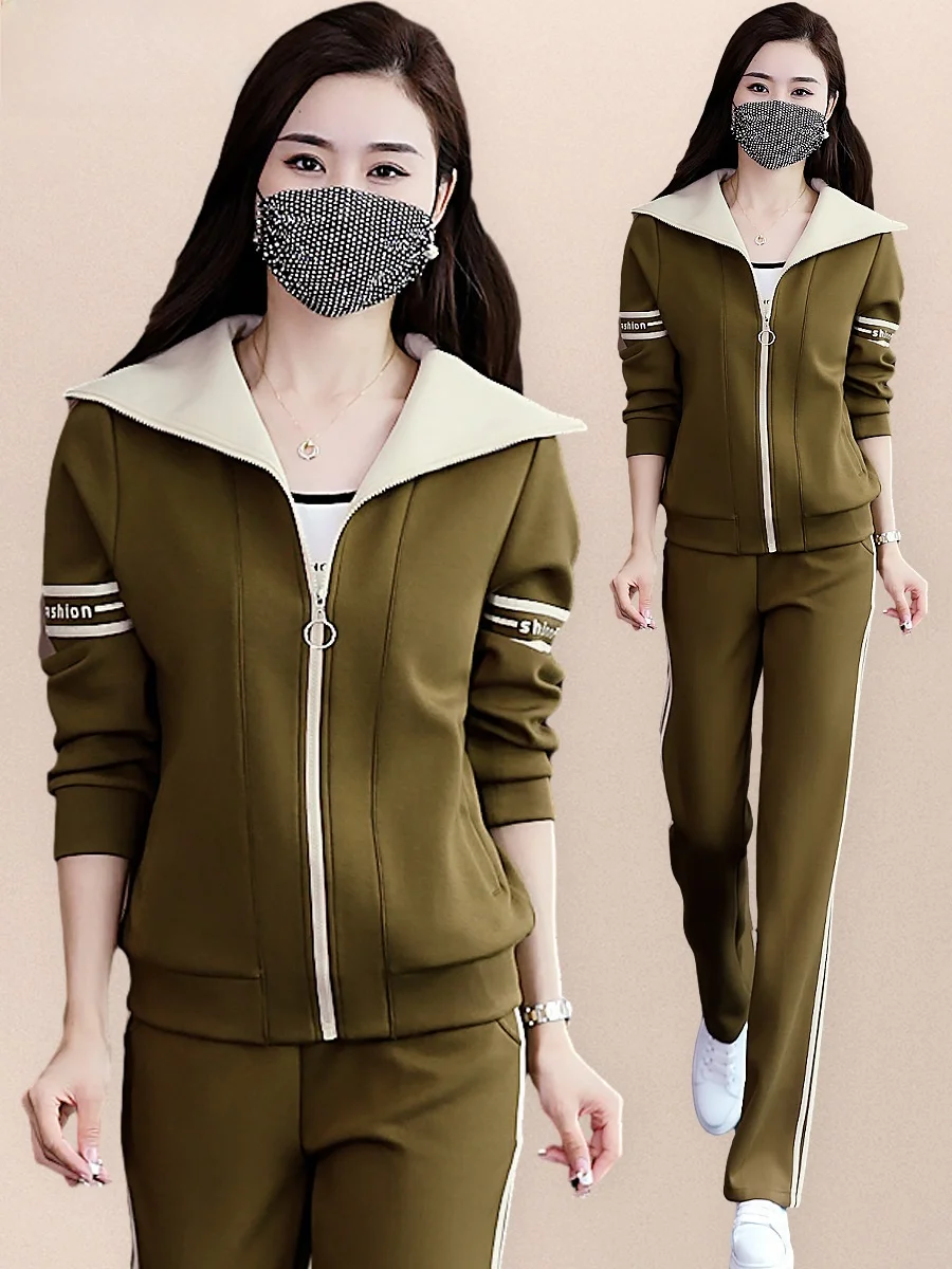 

Slimming Zipper Sports Set for Women Casual Fashionable Anti-Aging Long Sleeve Sweatshirt Two-Piece Set Polyester Fiber