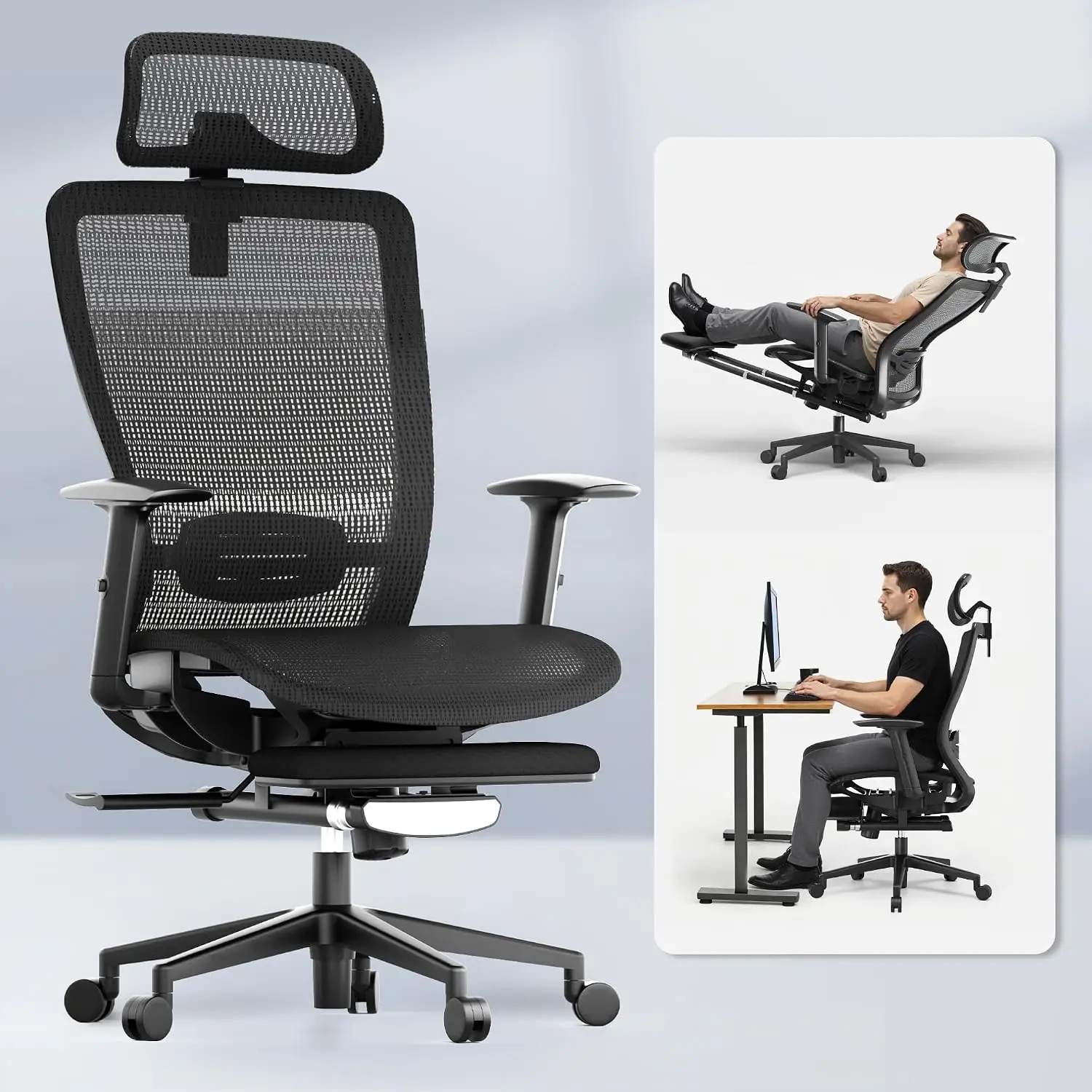 Ergonomic Mesh Office Chair with Footrest & Lumbar Support, High Back Desk Chair with 2D Headrest & 90-130° Reclining, Black, Cu