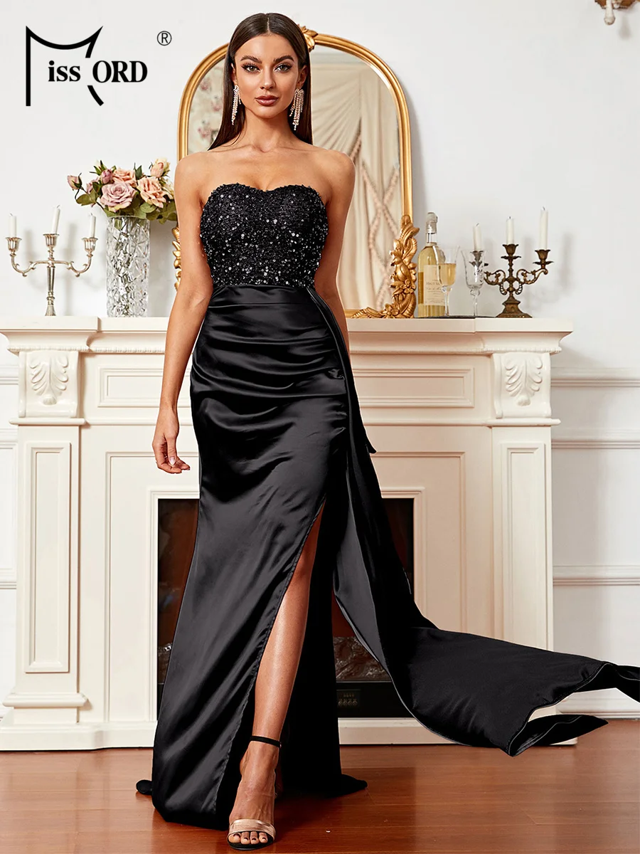 

Missord Black Satin Wedding Dress Elegant Women Strapless Sequin Draped Side Split Bodycon Party Prom Dresses Long Evening Gown