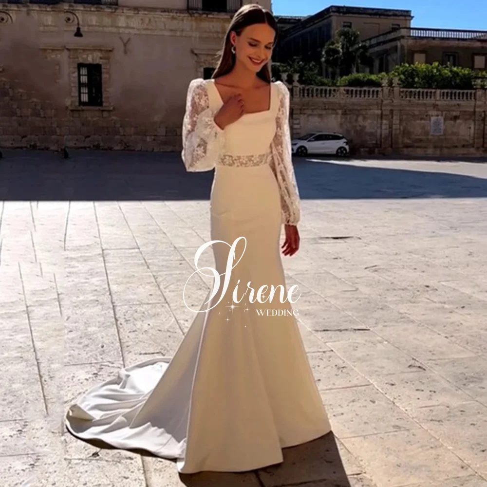 Sirene Elegant Square Collar Sheath Wedding Dresses Long Lantern Sleeves Lace Appliques Modern Bride Gowns Spandex Sweep Train