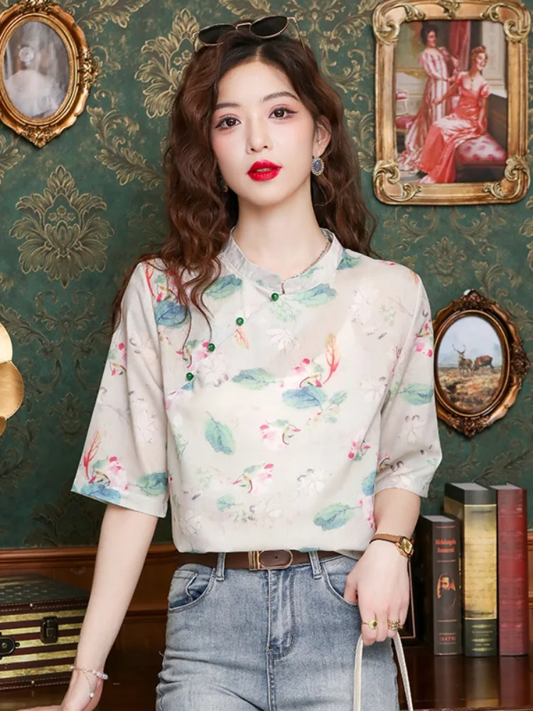

New Chinese Sle National Trend Improved irt Women Summer 2025 Floral Print ort Sve Silk Georgette Top Wome...