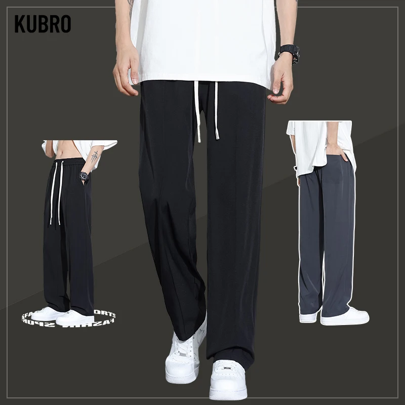 KUBRO Summer Casual Pants Men Breathable Polyester Korean Fashion Semi-Wide Banded Waist Slacks Straight Loose Drape Trousers