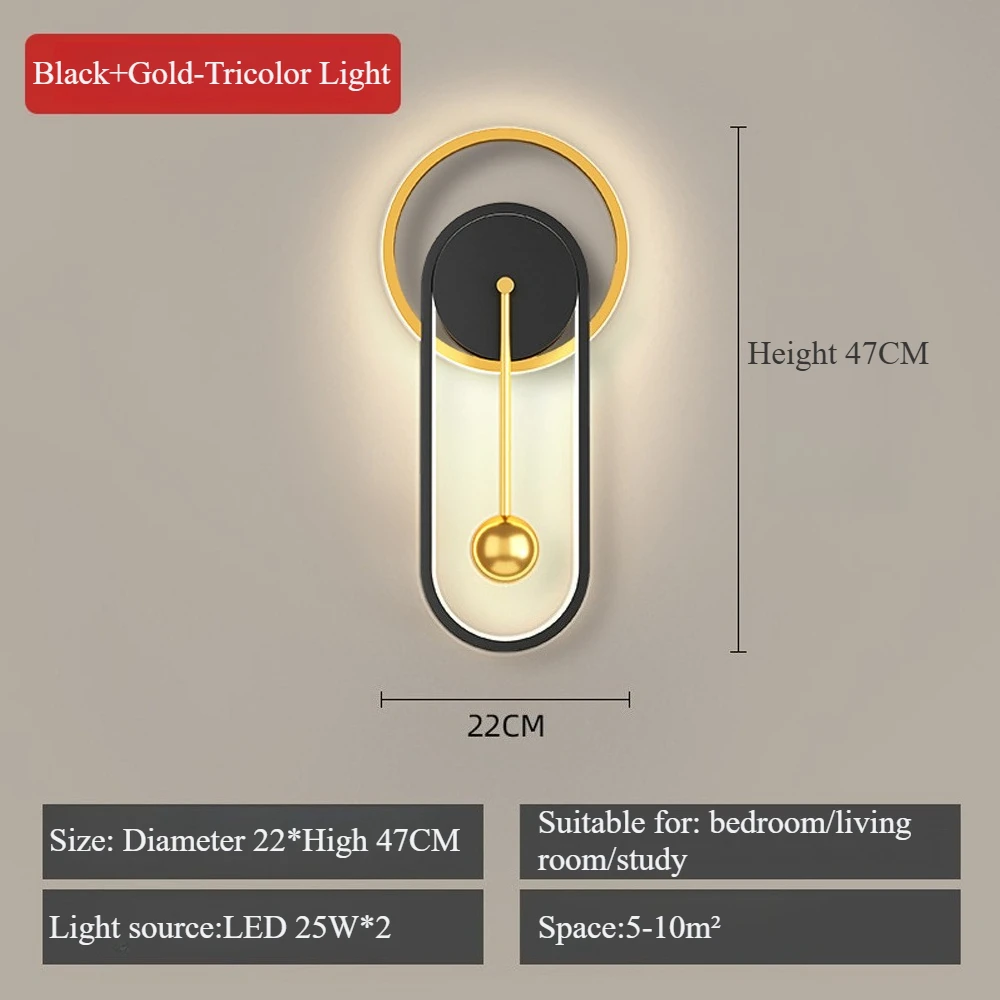 3 Color Dimmable Wall Light, Acrylic, Iron, Modern Geometric LED Wall Sconce for Living Room Bedroom Hallway Decor, Black Gold