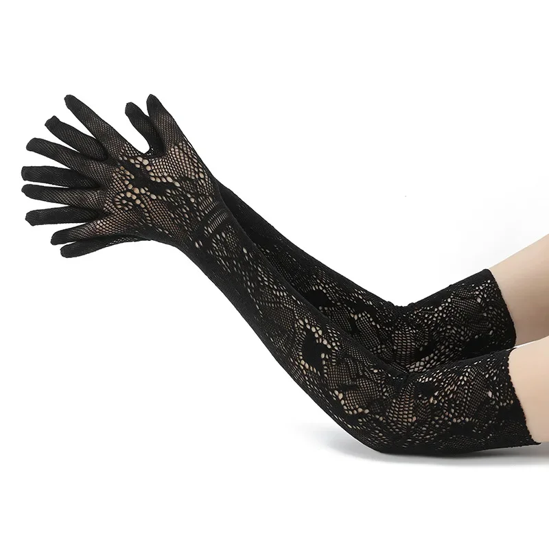 Высокоэластичные длинные кружевные перчатки с цветочным узором, свадебные перчатки для выступлений на сцене, длинные перчатки для косплея на Хэллоуин