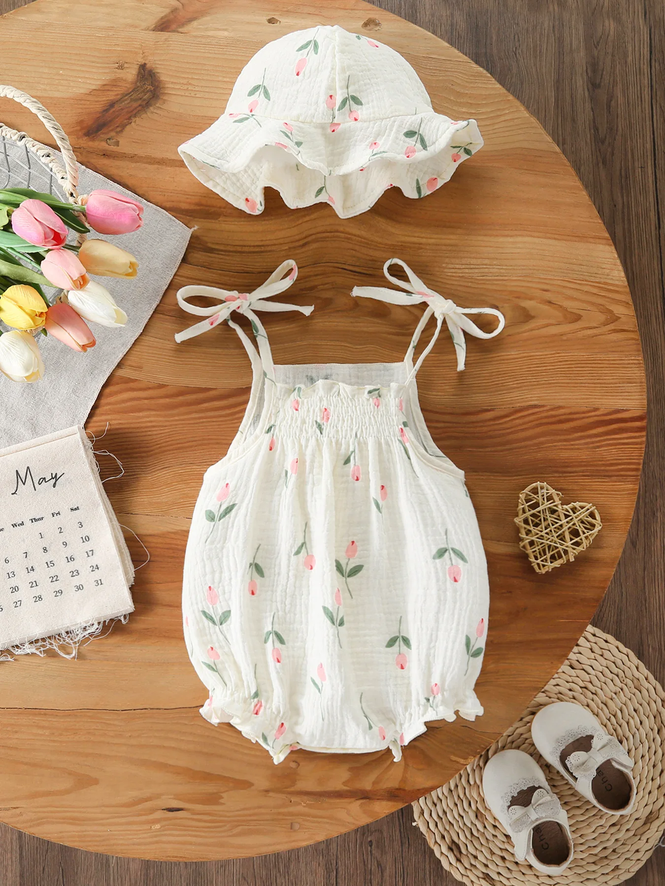 

Tulip Print Toddler Girl Summer Bodysuit Korean Style Adjustable Tie Straps Cotton Breathable Onesie Romper