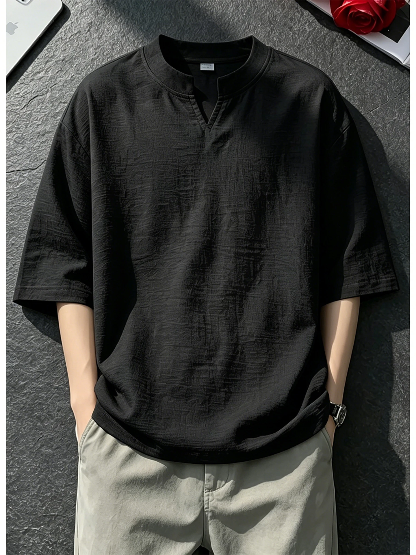 Lightweight Cotton Linen Short Sleeve V-Neck T-Shirt for Men Breathable Quick-Drying Loose Fit Summer Top in Apricot Color