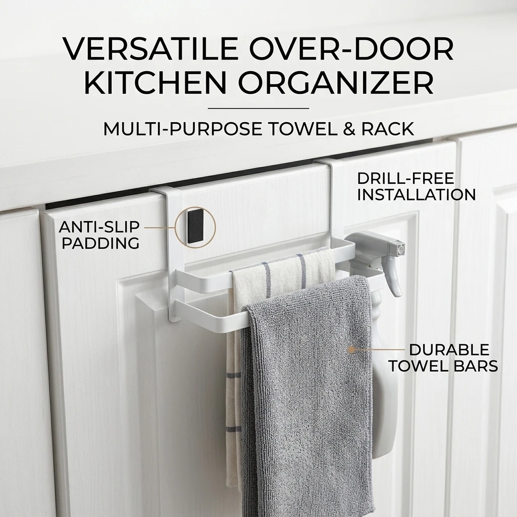 Over Door Hook Rack For Kitchen Cabinet Towel And Cloth Storage With Non Drilling Installation