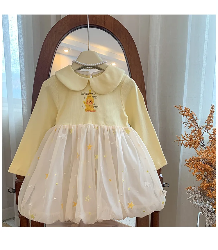 2026 New Baby Summer Girls Boutique Cartoon Star Mesh long Sleeve  Dress , Princess Kids Sweet Fashion Party Dress  2-6 T