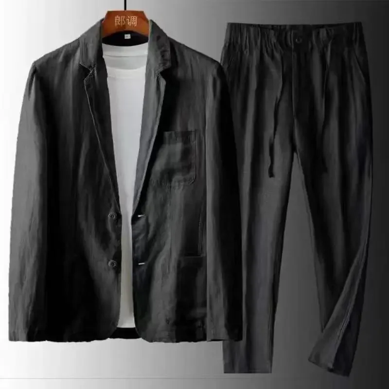 

DINADD New Two Piece Set Luxury Business Suit Men's Linen Thin Breathable Pocket Blazer Jackets Pants Outfits For Men Clothing