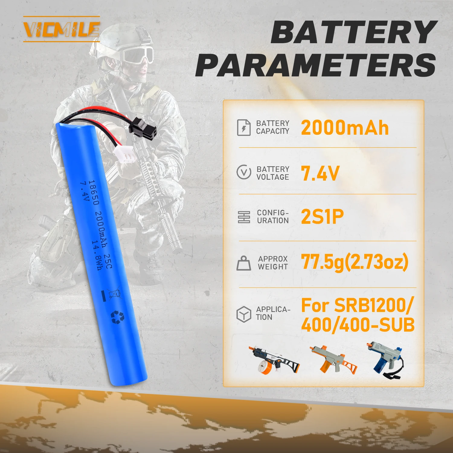 VICMILE 7.4V Li-ion Battery 2000mAh SM 2P Plug High Capacity Battery For Most Airsoft Model Guns Gel Water Bead Blaster