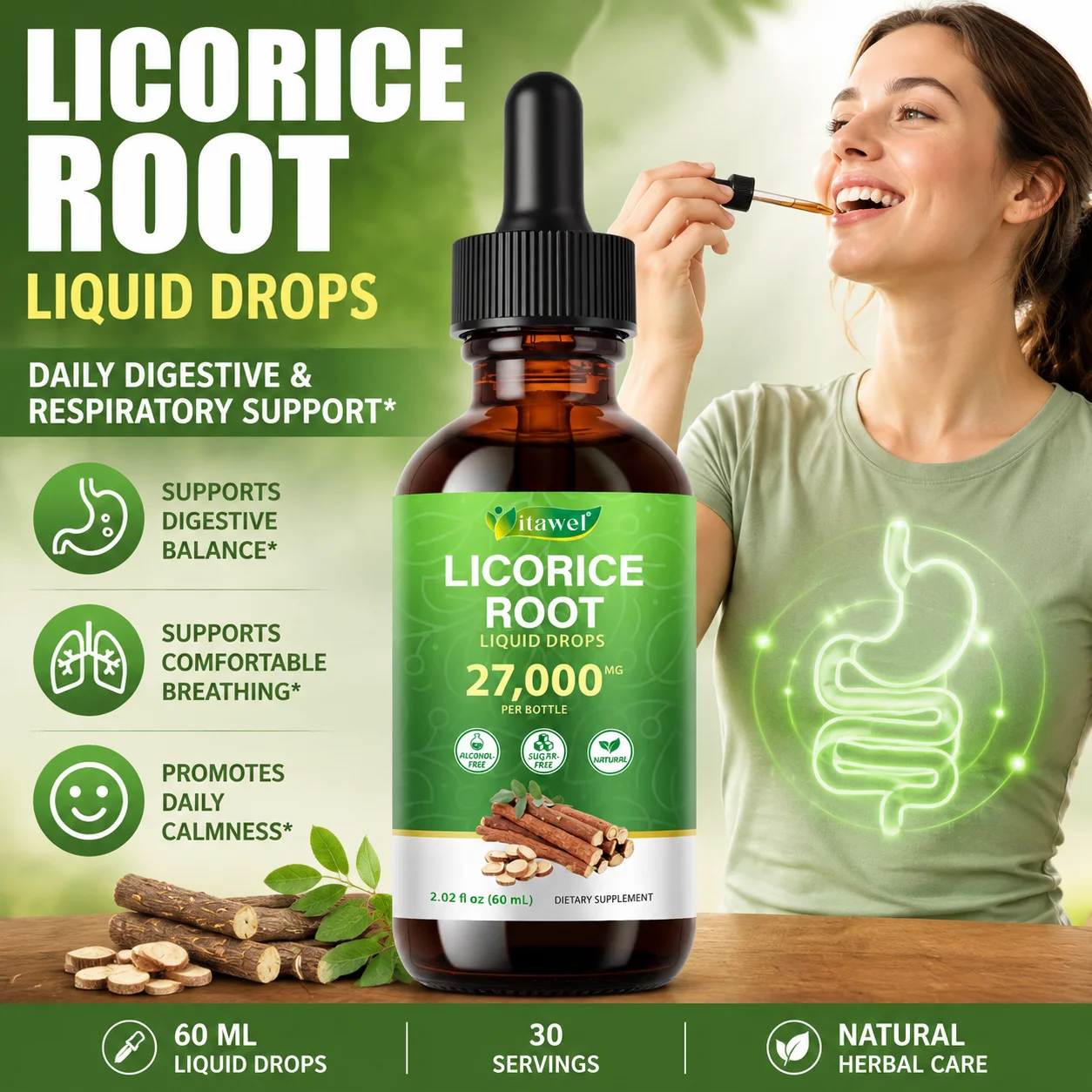 Itawel Licorice Root Liquid Drops Promote Digestion Maintain Intestinal Health Beautify & Rejuvenate The Skin Sugar-free 60 ML