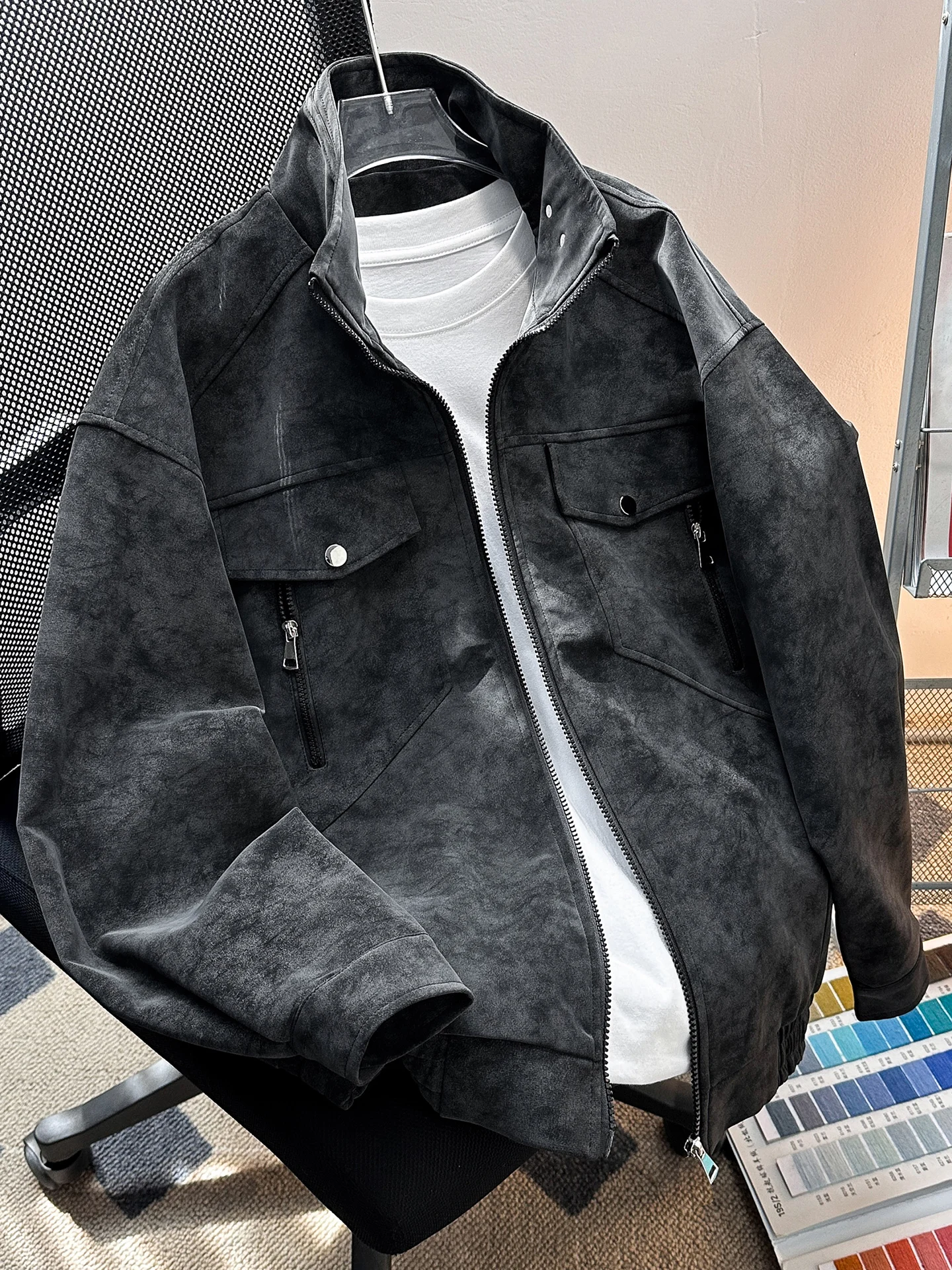 

Men's Casual Sportswear Dyeing Stand Collar Jaet Vintage Sle High Street Motorcycle Design Loose Fit Zipper Decoration