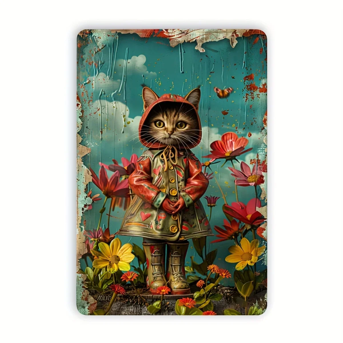 Charming Cat in Raincoat Vintage Metal Tin Sign - Perfect for Home, Office, or Cafe Decor, Indoor/Outdoor Wall Art, 8x12 inch