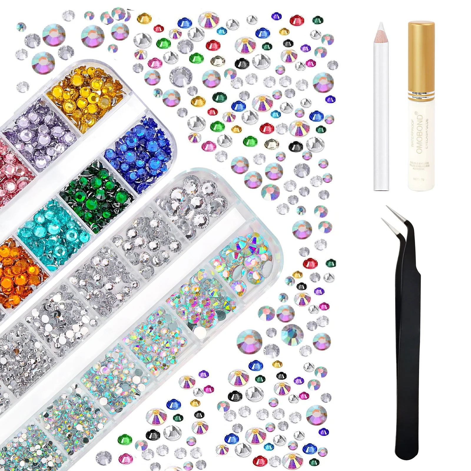 Sparkling Facial Gemstone Sticker Set Flat Bottom Colorful&AB Water Diamond Tweezers for Body Makeup Nail Art Eye Jewelry Decora