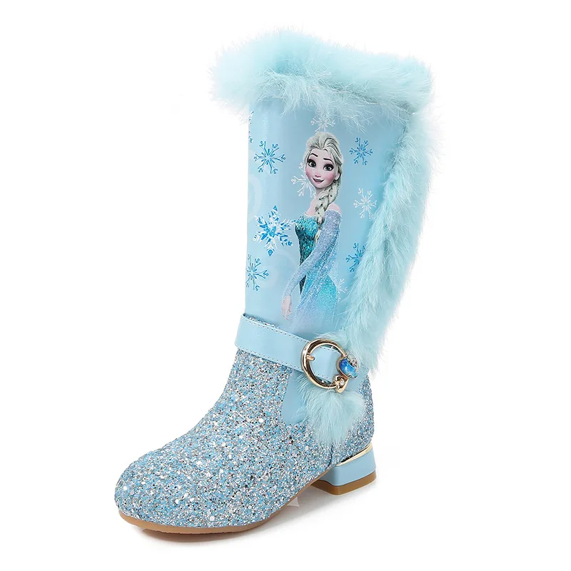 Fashion Pink Girl Shoes Designer Long Boots Disney Children Kids Warm Velvet Boots Shoes Princess Elsa High Heel Boot 26-37