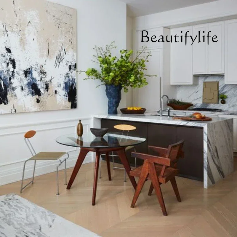 BJ Modern Minimalist Nordic Style Retro Mid-Ancient Round Wooden Glass Multi-Person Solid Wood Dining Table Dining Table